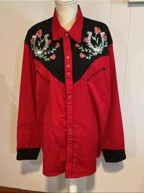 Scully Red and Black Western Embroidered Button-Down Shirt